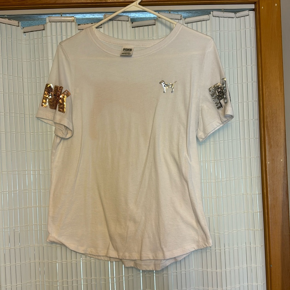 Pink t-shirt white with silver and rose gold sequins large.